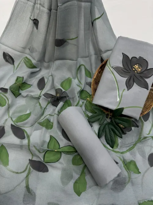 Elegant Hand-Painted Cotton Suit Set with Lightweight Chiffon Dupatta